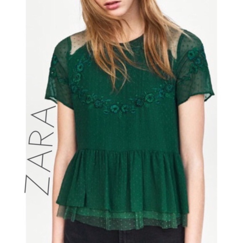 Zara Emerald Embroidered Top